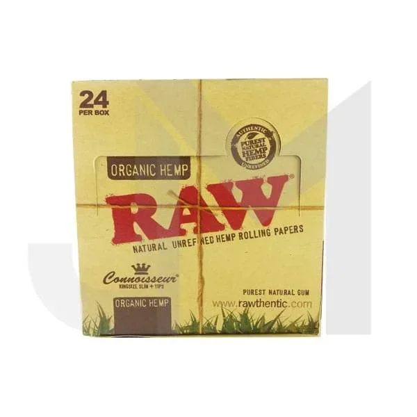24 Organic Raw Hemp King Size Slim Papers with Tips (Connoisseur)