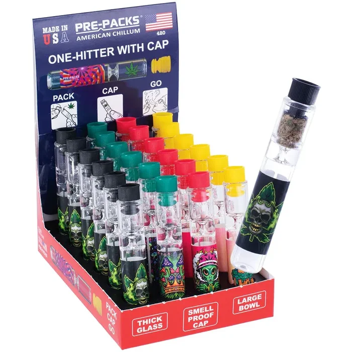 24CT DISPLAY – PRE-PACKS American Chillum One-Hitter with Smellproof Cap – 3.5″ / Assorted Designs