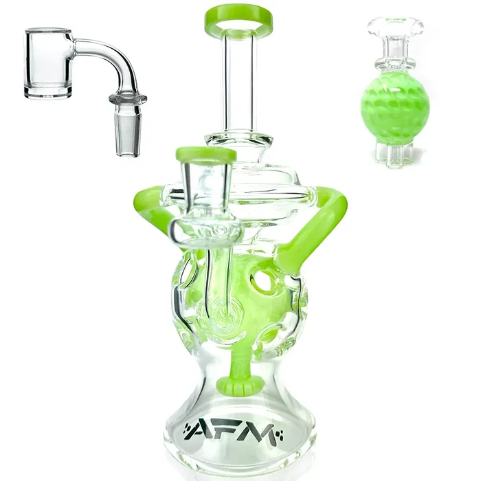 9″ AFM Swiss Color Glass Recycler Dab Rig + Quartz Banger & Carb Cap Bundle