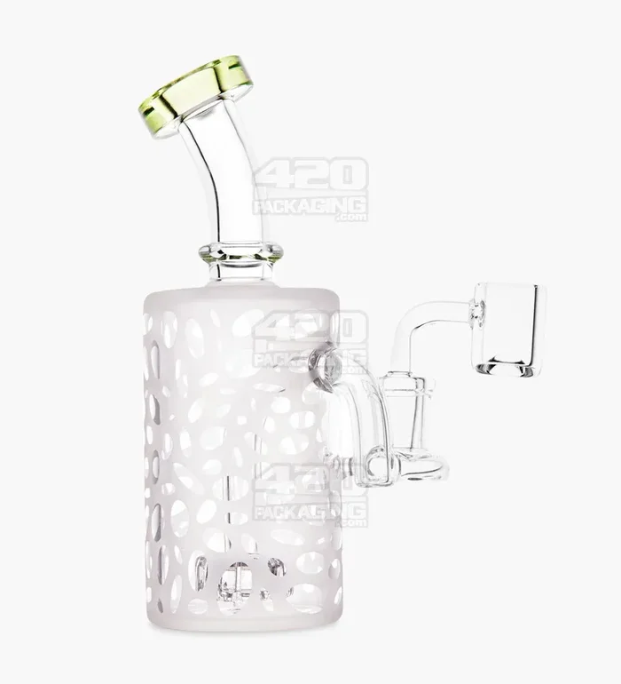 Bent Neck Showerhead Perc Sandblasted Glass Dab Rig w/ Thick Base | 6in Tall – 14mm Banger – Green