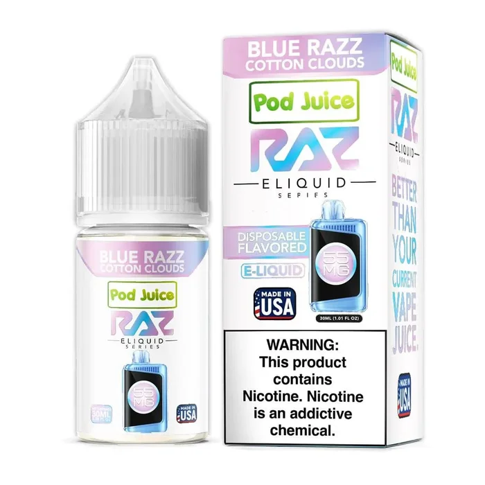 Blue Razz Cotton Clouds SALT – Pod Juice x Raz E-Liquid – 30mL