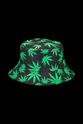 Bucket Hat with Green Hemp Leaf Print