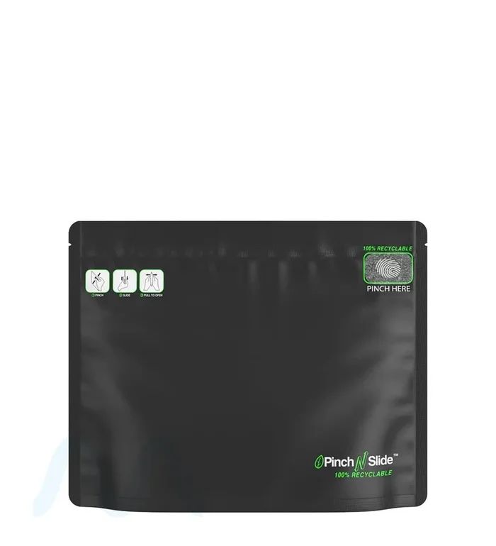 Child Resistant & Tamper Evident | 100% Recyclable Pinch N Slide 3.0 Matte Black Mylar Exit Bags | 12in x 9in – 56g – 250 Count