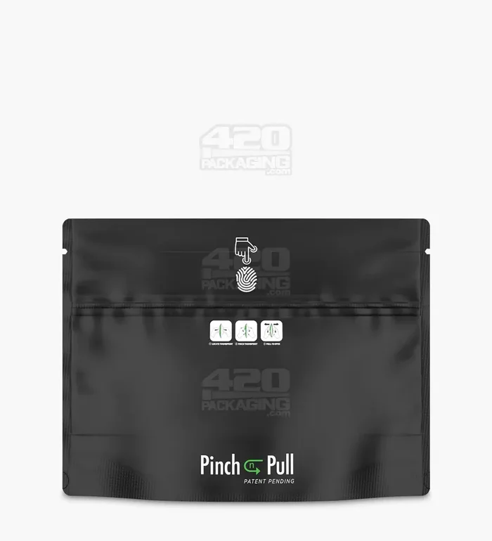 Child Resistant & Tamper Evident | Pinch N Pull Matte Black Mylar Bags | 8in x 6in – 28g – 250 Count