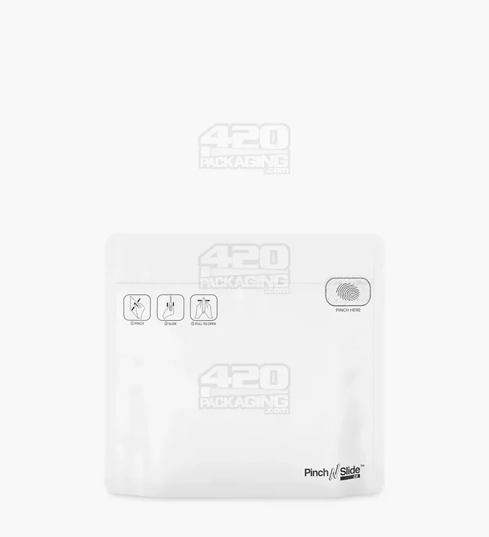 Child Resistant & Tamper Evident | Pinch N Slide 3.0 Matte White Mylar Exit Bags | 8in x 6.7in – 28g – 250 Count