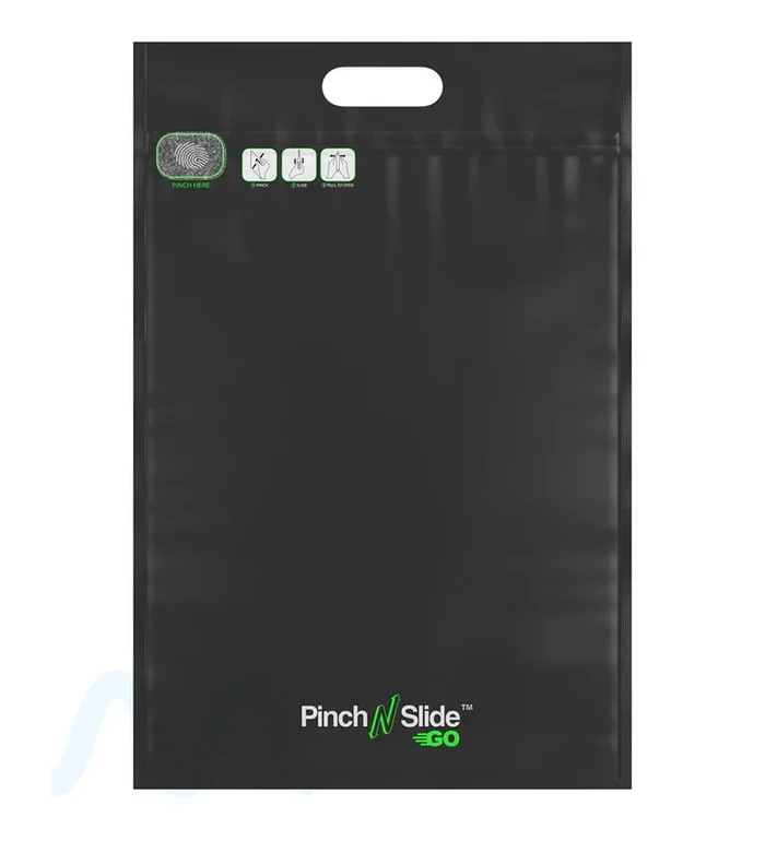 Child Resistant | Pinch N Slide Go Matte Black PCR Mylar Exit Bags w/ Handles | 12in x 18in – 113g – 250 Count