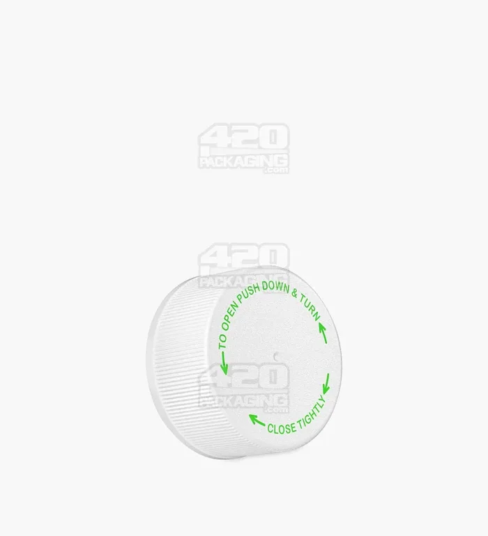 Child Resistant | Ribbed Push Down & Turn Plastic Caps w/ Text & Foam Liner | 28mm – Semi Gloss White – 504 Count