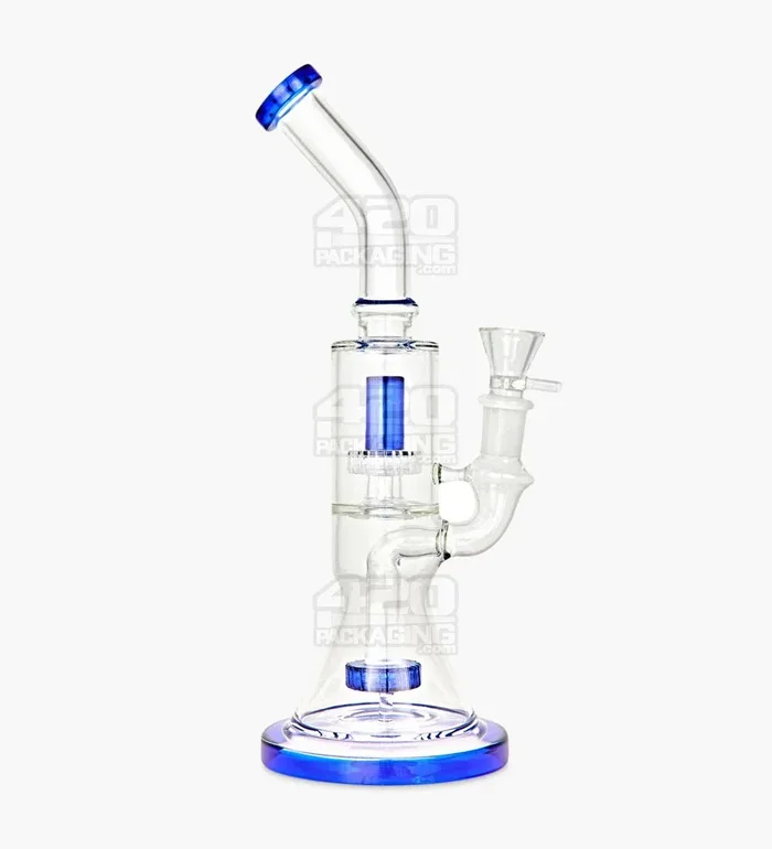 Double Chamber | Bent Neck Showerhead Perc Glass Beaker Water Pipe w/ Thick Base | 12in Tall – 18mm Bowl – Blue