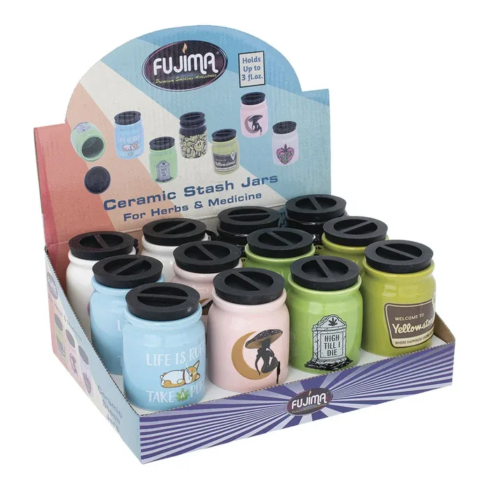 Fujima 12pc Ceramic Stash Jars 3oz – Assorted Punny Designs