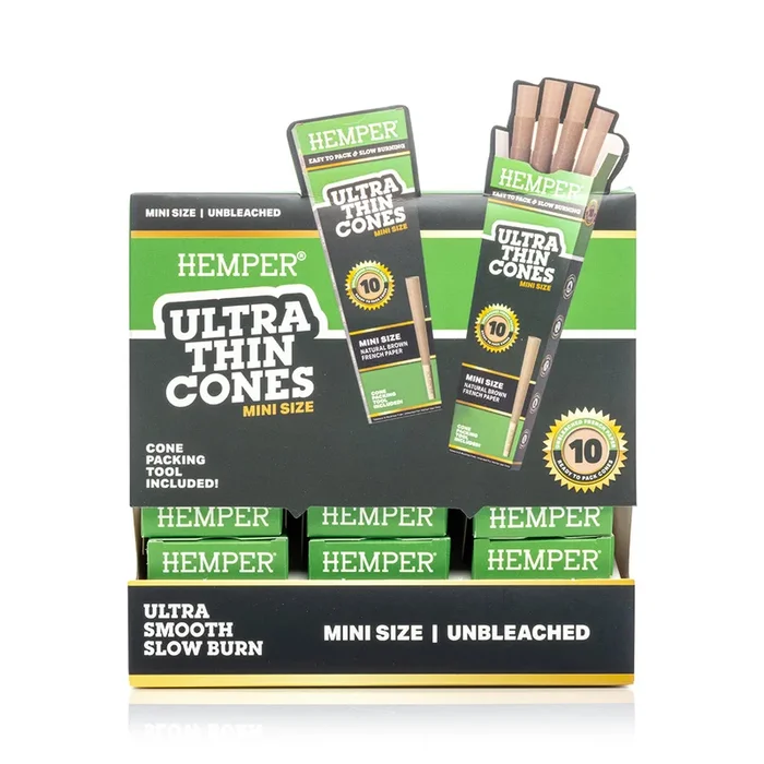 HEMPER – French Brown Paper Ultra Thin Mini Size Cones 10pk – Display 24 Count