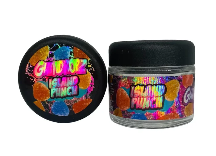 Island Punch 3.5g Glass Jars with Holographic Sticker labels Child Resistant jar