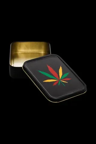 Metal Stash Tin Rasta Colored Leaf