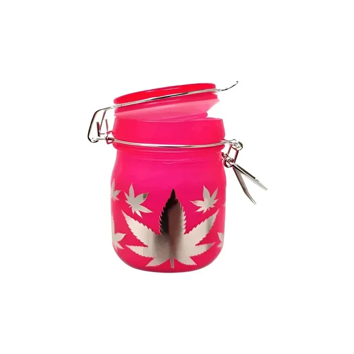 NEON PINK WITH SILVER LEAVES STASH JAR 5oz