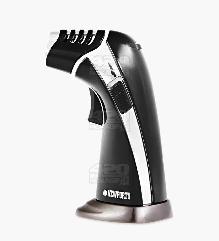 NEWPORT | Triple Flame Torch w/ Adjustable Flame | 6in Tall – No Butane – Black & Silver