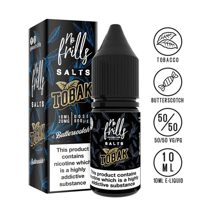 No Frills Salts – Tobak: Butterscotch Tobacco Nic Salt 10ml