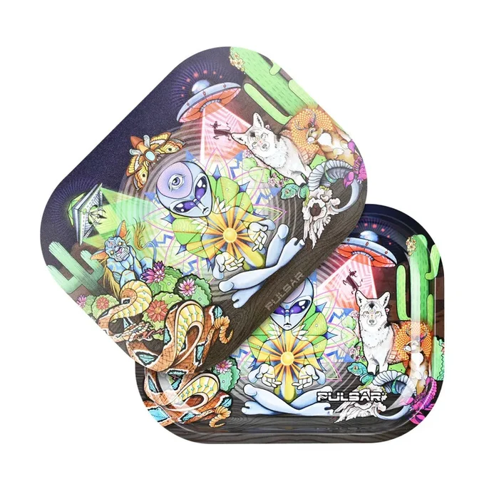 Pulsar Mini Metal Rolling Tray w/ Lid – Psychedelic Desert / 7″x5.5″