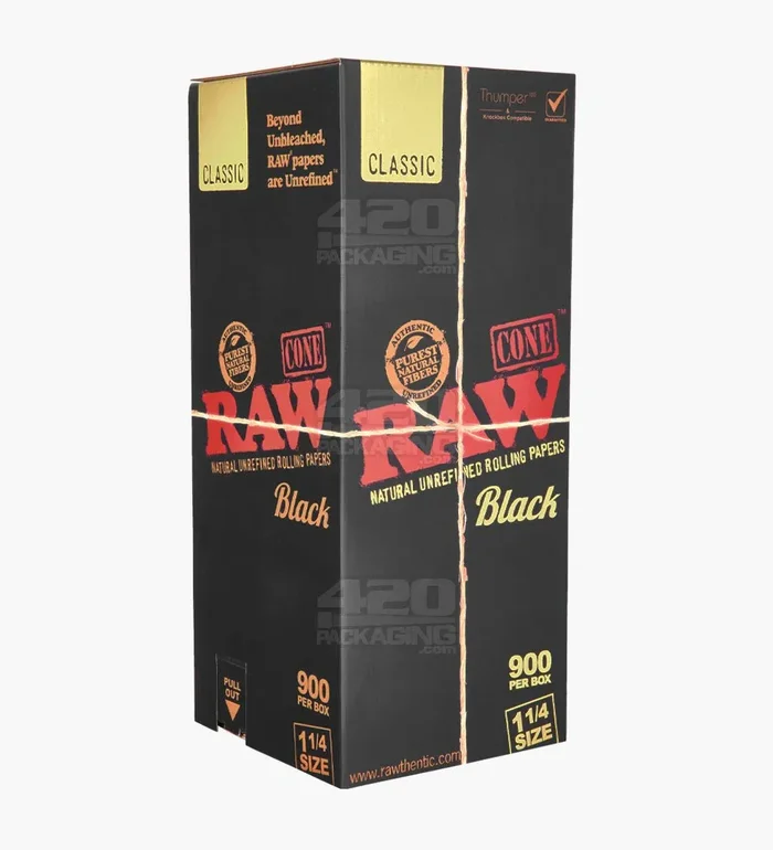 RAW | Black Classic 1 1/4 Size Pre-Rolled Cones | 84mm – Unbleached Paper – 900 Count