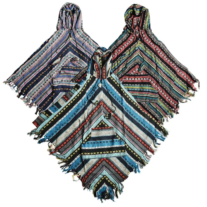 Southwest Cotton Hooded Poncho w/ Pockets – 37″/Clrs Vary