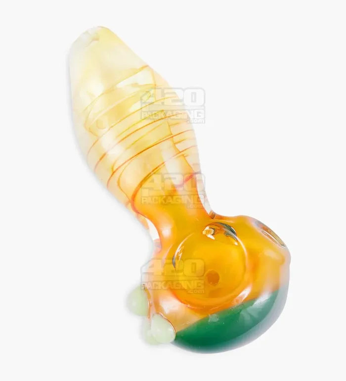 Spiral & Gold Fumed Spoon Hand Pipe w/ Triple Knockers & Colored Head | 4.5in Long – Glass – Assorted