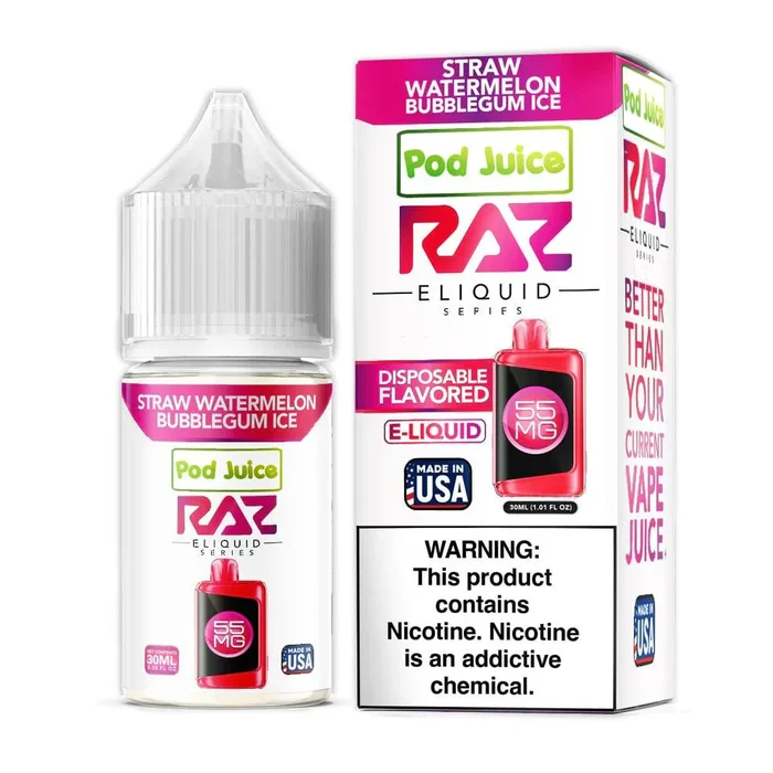 Straw Watermelon Bubblegum ICE SALT – Pod Juice x Raz E-Liquid – 30mL