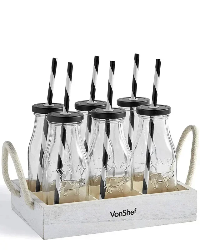 VonShef Set of 6 Glass Milk Bottles With Stand