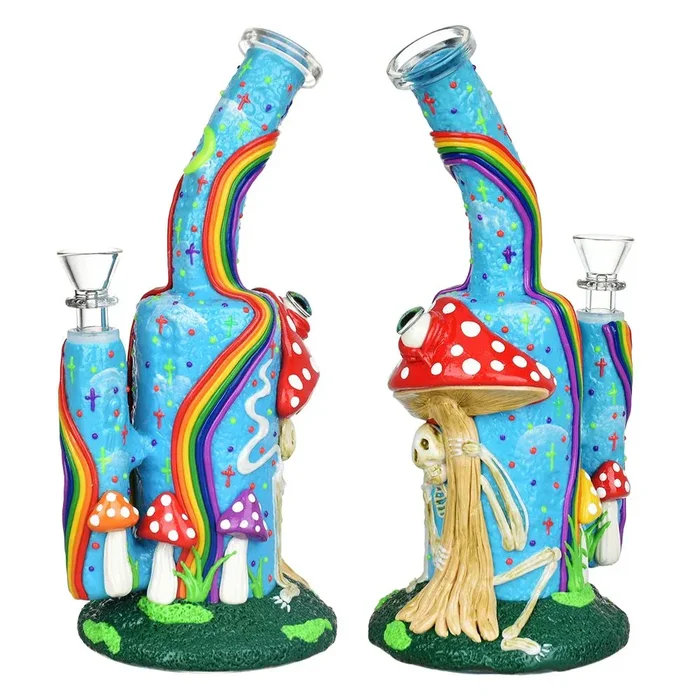 Wide Eyed Shroom And Smoking Skeleton Glow In Dark Water Pipe – 9.5″ / 14mm F